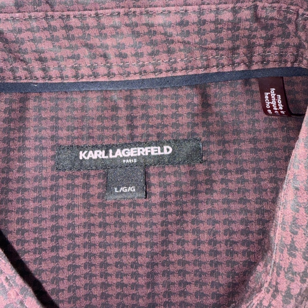 Karl Lagerfeld Paris Mens Large Burgundy Houndstooth Long Sleeve Button Down - Picture 2 of 7